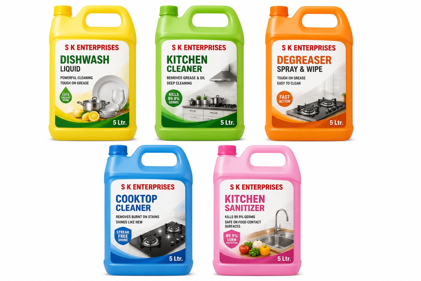 S K Enterprises 5 litre kitchen care product range - dishwash liquid, kitchen cleaner, degreaser, cooktop cleaner and kitchen sanitizer