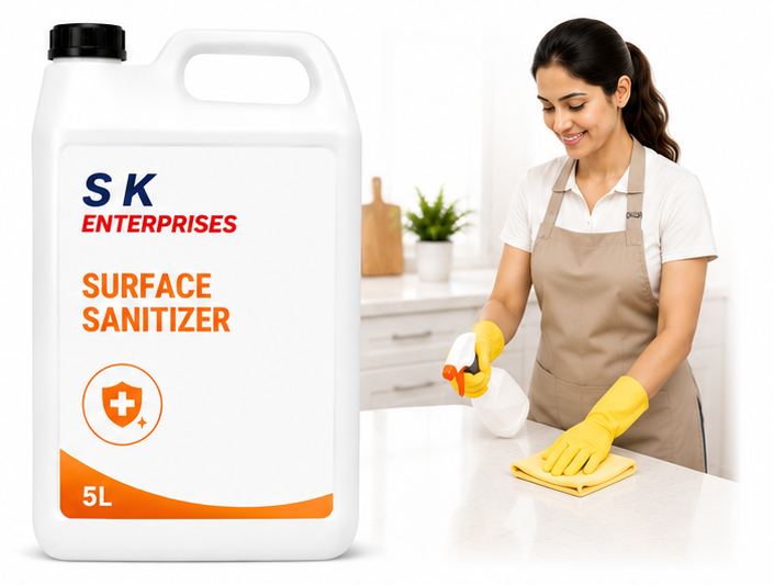 S K Enterprises Surface Sanitizer being sprayed on kitchen countertop